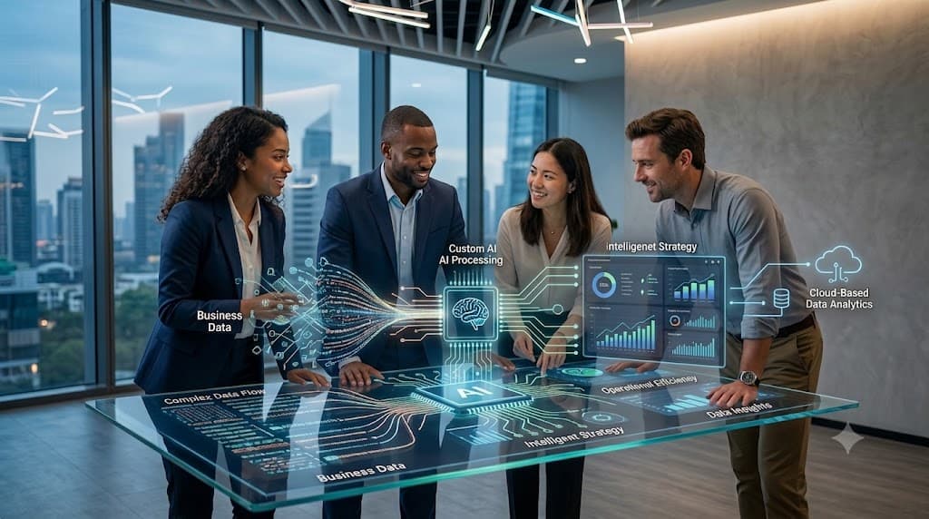 A multidisciplinary team collaborating around a holographic AI and data workspace in a modern office.