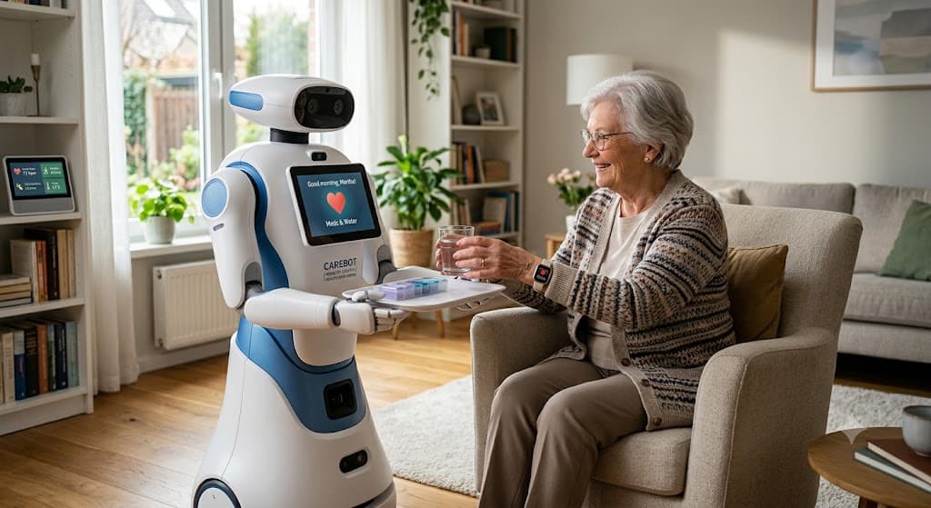 A caregiving robot offering water and medicine to a smiling older woman in a bright home living room.