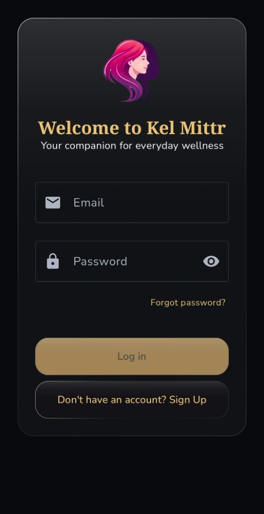 KelMittr welcome screen with the Saya logo, email and password fields, a Log in button, and a Sign up link.