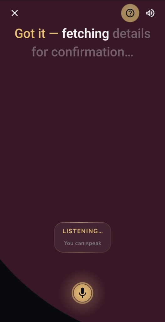 Saya voice screen showing it heard the entry and is fetching details for confirmation.
