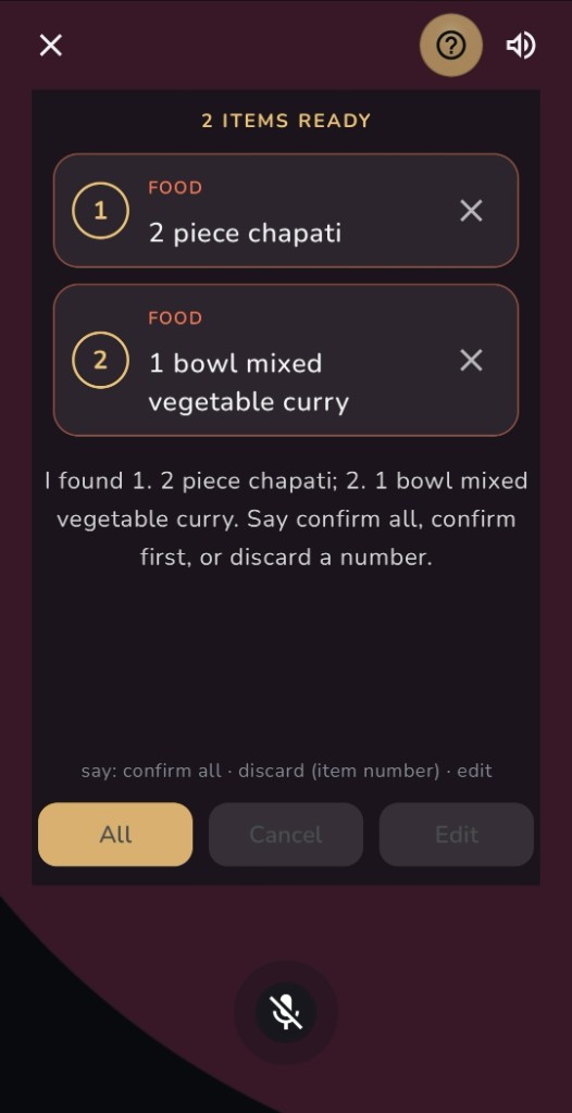 Saya confirmation screen listing two food items ready to confirm or discard.