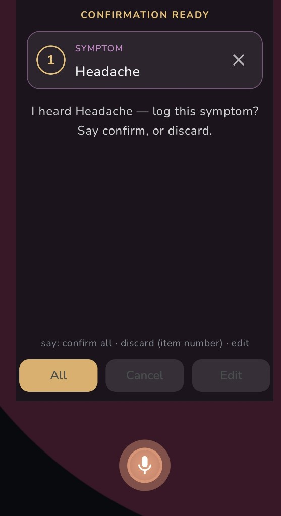 Saya confirmation screen ready to log a headache symptom with confirm controls.