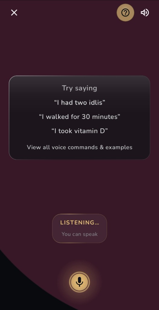 Saya voice screen with example phrases to try, a listening indicator, and the microphone button.
